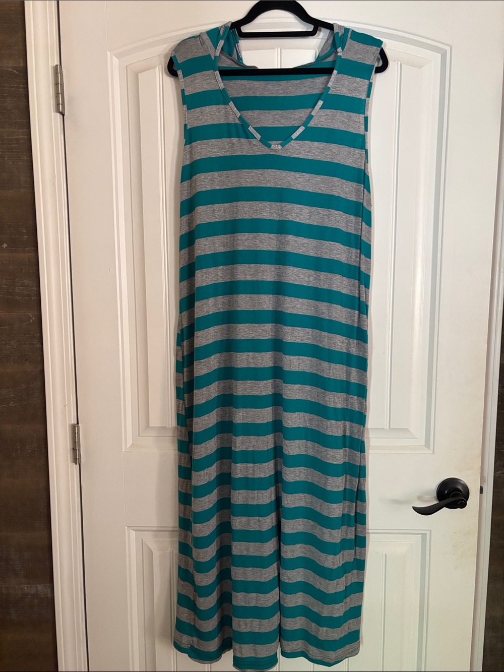 Sleeveless Razerback V-Neck Maxi Dress in Teal and Gray Stripes with Hoodie. 2X